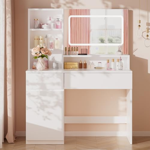 Airfish Schminktisch mit LED-Beleuchtung, 3 Farben Einstellbarer Helligkeitund, Frisiertisch mit Spiegel, 2 Schubladen, 4 Fächer & Schrank, für Schlafzimmer, Weiß