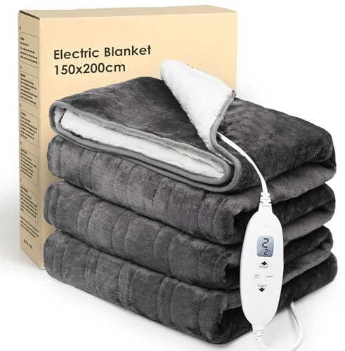 Seeksoon Electric Heated Blanket,200 * 150CM Heated Throw  Blanket | Electric Blanket with 4 Heat & Timer Settings,Auto-Off,LCD Display,Grey Sherpa Fleece Blanket for Sofa /Bed / Home Office Use