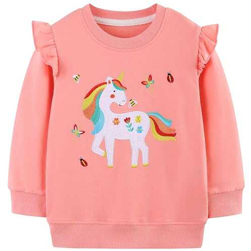 JinBei Sweatshirt Fille Coton Col Rond à Volants, 3-4 Ans, Rose Licorne