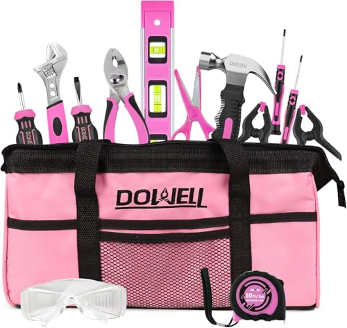 DOWELL 14 Pieces Tools Set Pink, Tool Kit with Storage Bag for Home Decoration, DIY Building and Woodworking, Age 14+