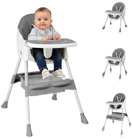 LEADZM 2 en 1 Chaise Haute Bébé Pliable, 3 Angles Réglables, Double Plateau Amovible, avec Roues Universelles et Panier de Rangement, Charge Maximale 15 kg, Bébés Âgés de 6 à 36 Mois (Gris)
