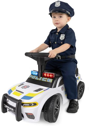 COSTWAY Halkbil polis, glidfordon med blinkande ljus, musik och sirene, barnbil med förvaringsutrymme under sätet och tippskydd, halkfri bil för barn från 1 år (vit)
