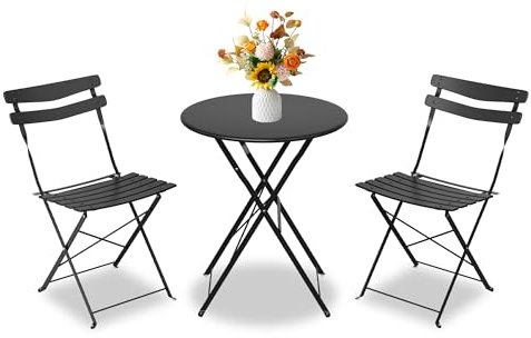 Garvee Table de Bistrot Exterieur Table Ronde et 2 Chaises Pliantes | Ensemble Bistrot de Jardin 3 Pièces en Métal sans Montage avec Double Protection Antirouille pour Balcon Terrasse et Jardin