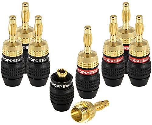 POPPSTAR 8x fiches bananes haut de gamme (blindées), pour câbles d'enceintes (jusqu'à 6 mm²), haut-parleurs, hi-fi, récepteur et amplificateur AV, plaqué or 24 carats (4x noir, 4x rouge)