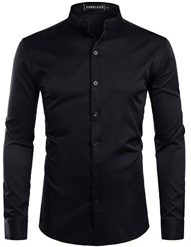 PARKLEES Camisas de manga larga con botones y cuello de banda para hombre