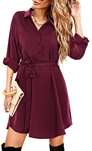 Beluring Women's Button Dress Elegant Long Sleeve Shirt Dresses Burgundy Size 16 18