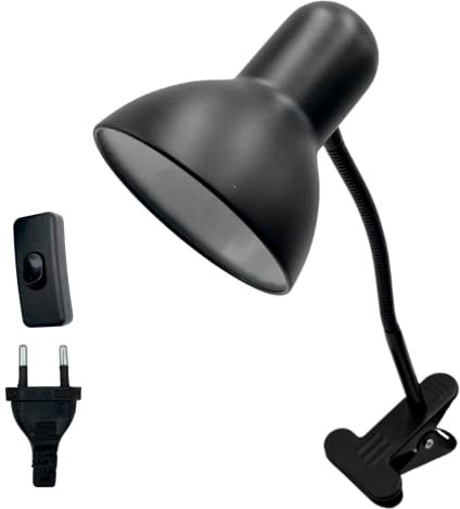 MAKA Lampada da Scrivania, Lampada con Pinza da Tavolo, Lampada Scrivania con Attacco E27, Braccio Regolabile, Protezione Occhi per Lettura, Ufficio, Studio, Nera