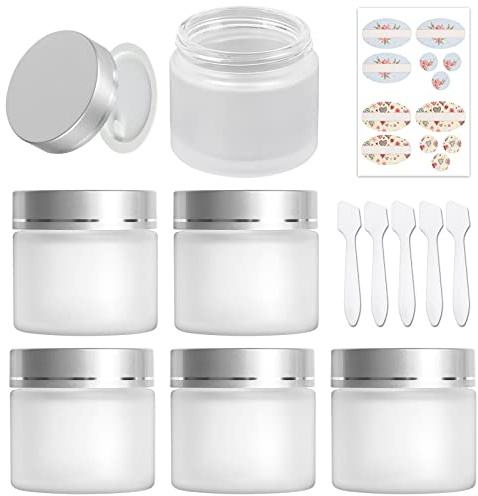 6-pack, 60 ml frostade glasburkar med silverlock och innerfoder, tomma matt klara runda påfyllningsbara kosmetiska behållare reseburkar för kosmetika, hudkräm kräm kräm kräm
