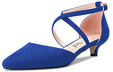 Saekcted Femmes Fille Bas Kitten Talon Heel Fermé Carré Bout Lanières Croisées Escarpins Classique Cute Dress 3.5 CM Heels Bleu Royal 36 EU