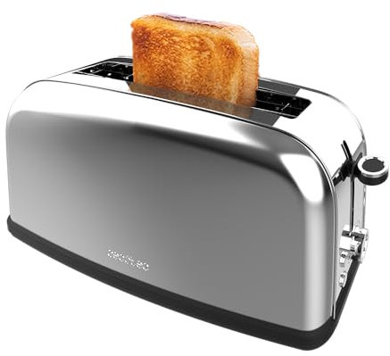Cecotec Tostadora Vertical 1 Ranura Larga Toastin' time 850 Inox Long Lite. 850 W, 2 Rebanadas de Pan, Ranura Ancha 3,8 cm, Soporte para Panecillos y Bandeja Recogemigas, Acero Inoxidable