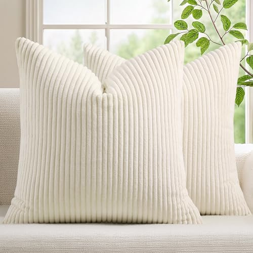 Mecatny Corduroy Fall Throw Pillow Covers 18x18 Set of 2 Cream White