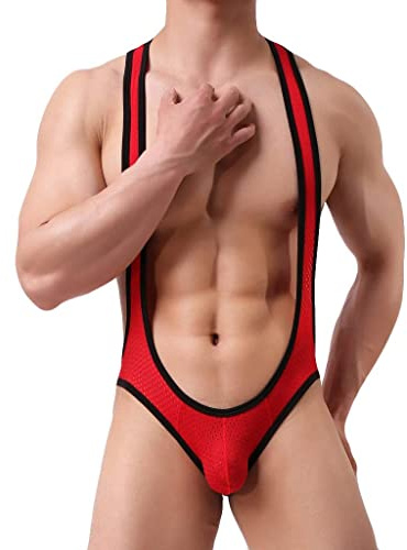ROSVAJFY Body da uomo in un pezzo con bretella sospensore perizoma intimo slip elastico wrestling canotta sexy stringhe body da uomo, Rosso, Taglia unica