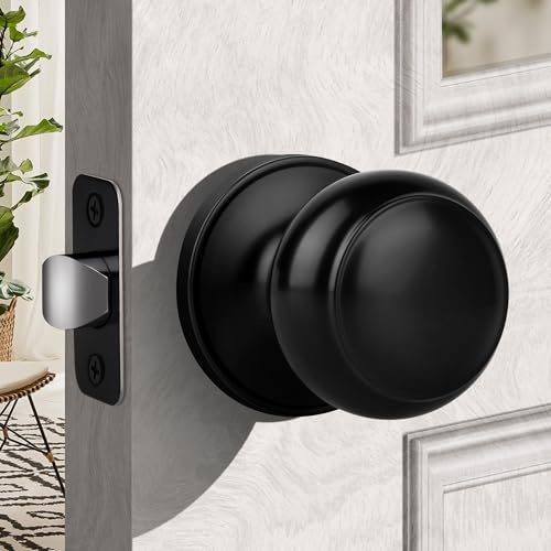 Moquin Pomo de puerta de paso sin cerradura ni llave, perilla interior plana sin bloqueo para pasillo o armario, color negro