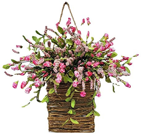 Cesta para Colgar en la Puerta de Hortensias Color Crema, Corona de Primavera, Cesta de Flores para Puerta Delantera, Cesta Colgante para Puerta de Flores Silvestres, Corona para el Hogar, Porche,(#1)