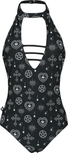 Gothicana by EMP Mujer Bañador Negro de Cuello Halter con Cierre de Clip S