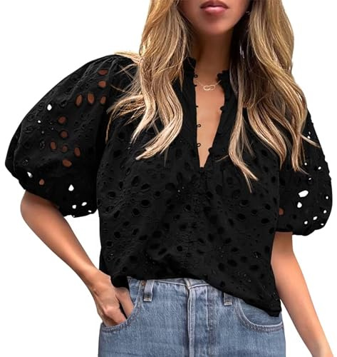 Blusas con ojales para mujer, tops de verano 2025, blusas con manga abombada y ojales, blusas con cuello en V, botones, encaje con recorte y camisas bordadas, Negro, M