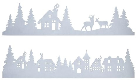 Immagine intarsiata in feltro paesaggio invernale 90 x 23 cm - Set di 2 - Stoffa villaggio natalizio Skyline con strisce adesive - Decorazione finestra linea di case in stile Avvento