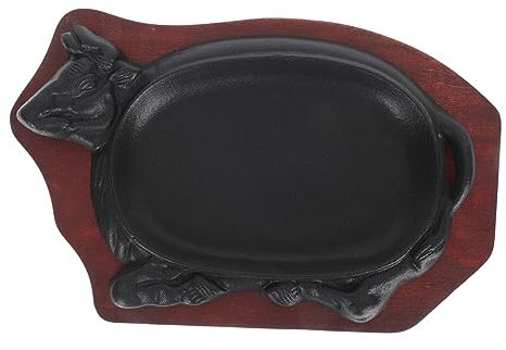 PHENOFICE Assiette De Grillades à Steak En Fonte Antiadhésive 21x14 Cm Plateau En Bois Rouge, Poêle Teppanyaki Résistante à La Chaleur, Cuisine Maison Et Repas Conviviaux