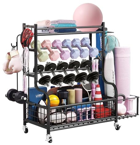 hiee Hantelständer, Hantelablage Gewichtsregal für Kettlebells, Heavy-Duty Home Gym Aufbewahrungsregal für Yogamatte und Trainingsgeräte, Aufbewahrungshalter mit Rädern, Haken und Mesh Top