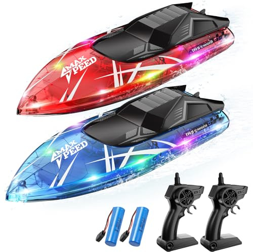 TOLLCY Remote Control Boat for Kids, 2Pack RC Boats with LED Lights for Pools Lakes River & Bathtub, 2.4Ghz Control, Whole Body Waterproof, 2 Rechargeable Batteries Summer Water Toys