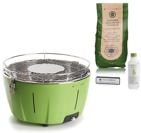Classe Italy | Barbecue a Carbonella senza fumo, da Tavolo, da Balcone, Portatile. Include Batteria Ricaricabile, Carbone e Gel per accensione, in soli 5 minuti. Grill da Campeggio. PAK Verde Avocado