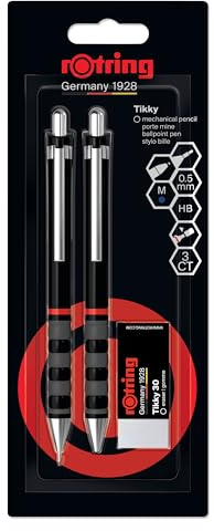 Rotring Tikky ensemble porte-minestylo bille et gomme | HB 0,5 mm | Encre bleue | Pointe moyenne (1,0 mm) | Corps noir | 12 mines incluses