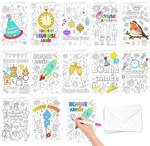 DPKOW Cartes Nouvel An à Colorier pour Enfants avec Enveloppes, 12 Cartes a Colorier Nouvel An Carte de Vœux pour Enfants Loisirs Créatifs Artisanat Jour de l'An Goodies