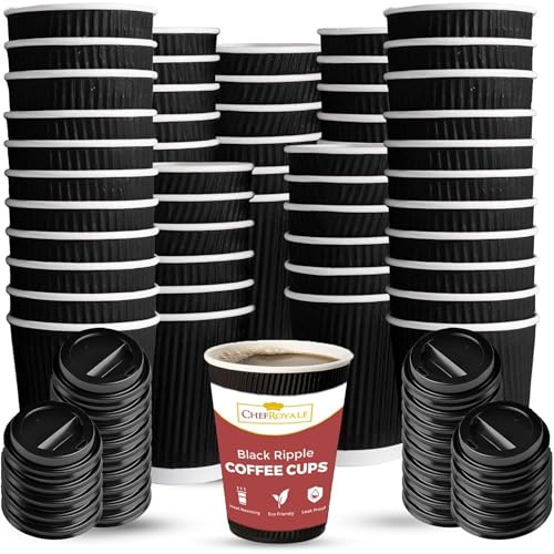 CHEF ROYALE 100x 12oz Black Disposable Coffee Cups with Lids - Insulated Triple Walled Takeaway Cups for Hot and Cold Drinks - Ripple Cups for Christmas, Birthdays, Parties