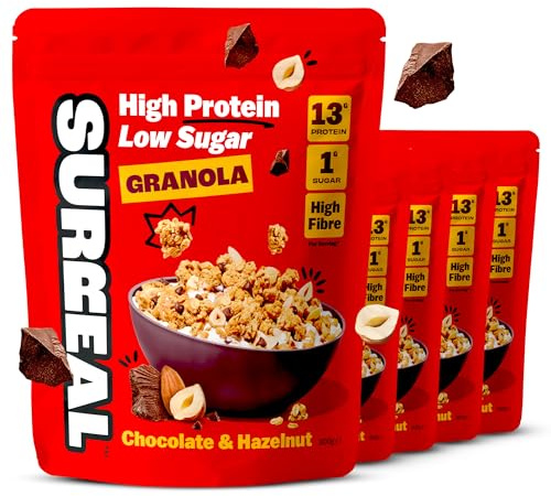 Surreal High Protein Low Sugar Granola - 13g Protein Vegan Snack or Breakfast Cereal - High Fibre, Plant-Based Granola Clusters 300 g (5 Packs, Chocolate & Hazelnut)