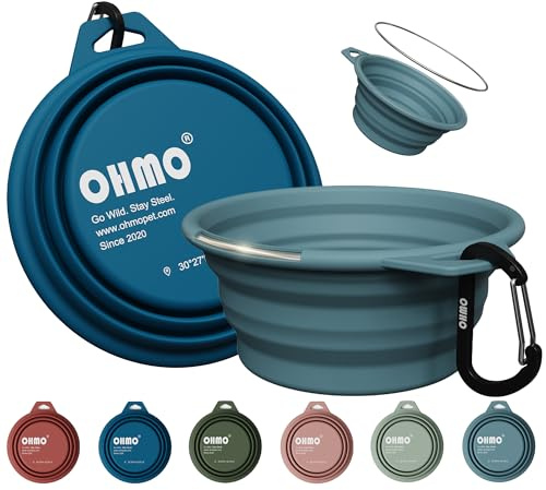 OHMO Gamelle Pliable pour Chien et Chat avec Anneau en Acier INOX Intégré, Lot de 2 Bols en Silicone 400 ML, Gamelle de Voyage Portable pour Promenade et Camping, Bleu foncé et Bleu Clair