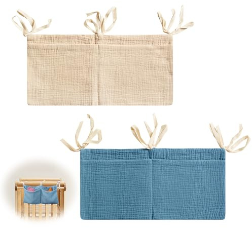 2 Pièces Sac de Rangement Suspendu, 2 en 1 Sac Rangement pour Lit Bébé, Suspendu Organisateur de Couches Pratique avec 2 Poches pour lits Stocker des Vêtements Couches Jouets (Kaki Bleu foncé)