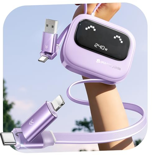 MAGIC JOHN 240W Multi USB C Cable, 4-in-1 Super-Fast Charging Cable (1,2 M), 7-Stop Retractable, USB A/C to C/L, Compatible with iPhone Series, iPad, Samsung, Pixel and More, Gifts, Purple