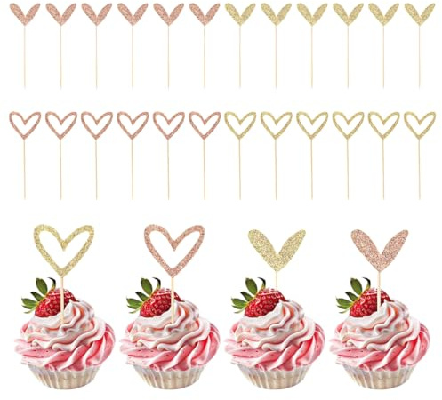 Juego de 24 decoraciones brillantes en forma de corazón para cupcakes, oro rosa y oro, magdalenas en forma de corazón, para el Día de San Valentín, bodas, compromisos, cumpleaños