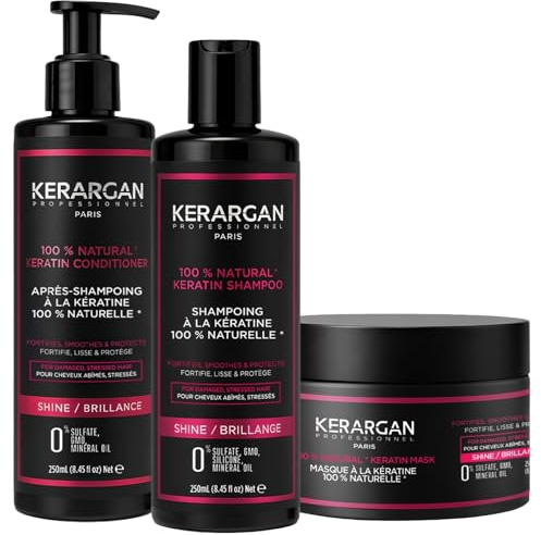 KERARGAN - Keratinschampo, Balsam & Hårmask för Skadat Hår - 3x250ml | Keratinschampo, balsam och hårmask rengör, reder ut, vårdar och stärker skadat hår i tre steg