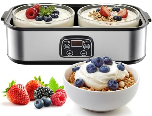 Orifesio Yogurtiera, 2L macchina per yogurt con 2 vasetti in vetro, controllo regolabile di temperatura e tempo, display LCD, macchina elettrica per yogurt biologico fatto in casa