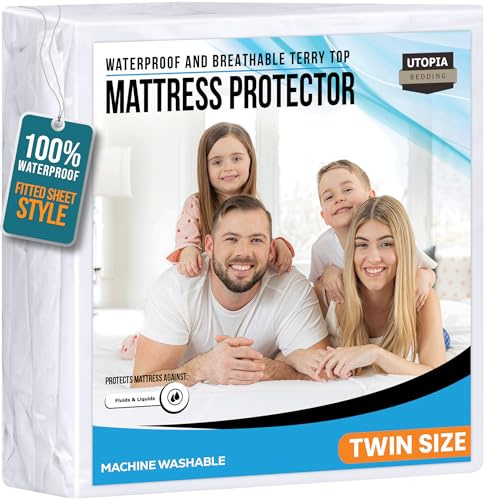 Twin Size Mattress Protector Waterproof, Premium 200 GSM Terry Mattress Cover, Soft & Breathable Bed Cover, Fitted Sheet Style Stretchable Deep Pockets 15 by Utopia Bedding (White)