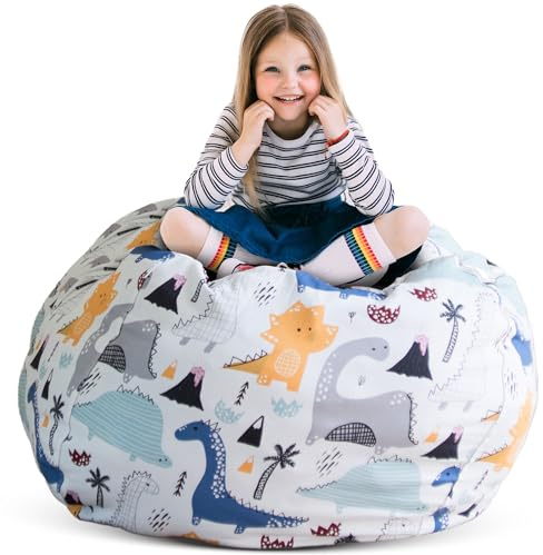 Creative QT Stuff ’n Sit Large 33’’ Bean Bag Storage Cover for Stuffed Animals & Toys, Giant Beanbag Chair for Kids Ages 3-14, Bedroom Organizer, Dinosaur