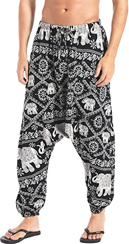 AITFINEISM Herrbyxor Med Dragsko Lässige Hippie Harem Byxor Löst Drop Crotch Byxor (M, Stil Vit)