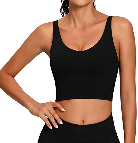Lemedy - Sujetador Deportivo Acolchado Largo para Mujer, Camiseta de Tirantes Corta para Entrenamiento, Correr, Yoga, etc., Negro -, Medium