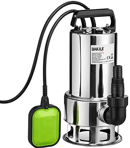 Bakaji Pompa Immersione Elettropompa Sommersa Acque Scure Sporche Potenza 1100W Portata 18000L/h Profondità Massima 9 Metri con Corpo Acciaio Fondo Piatto Maniglia per il Trasporto Cavo 10 metri