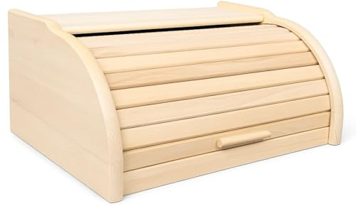 BAS Brotkasten Holz Natur Groß 38x29x18 cm – Traditioneller Rollbrotkasten mit Rolldeckel – Retro Brotbox Küche – Holz-Brotbehälter hält Brot länger frisch