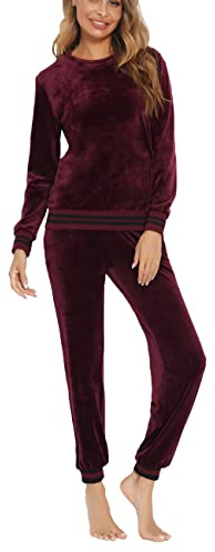 Enjoyoself dam Nicki hemmadräkt sammetslen mjuk 2 delar velour fritidsoverall med paljetter manschetter rund hals långärmad tröja + resår byxor med ficka, A-vinröd, S