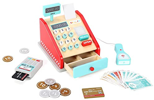 SOKA Cash Register Red and Mint Wooden Classic Cashier Role Play Supermarket Shopping Checkout Money Till Toy Educational Learning Pretend Playset for Kids Children Girls Boys 3 year old +