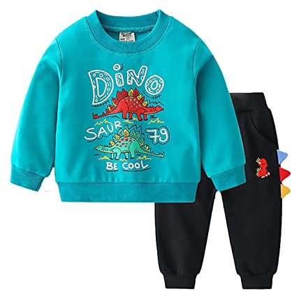 NautySaurs Barn träningsoveraller för pojkar sweatshirts och byxor set söta långärmade toppar dinosaurie tröja och träningsbyxor, Blå, 5 År