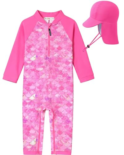 weVSwe Costume da Bagno Bambina UPF 50+ Manica Lunga One Piece Protezione UV Rash Guard con Cappello da Sole Squame di Pesce 6-12 Mesi