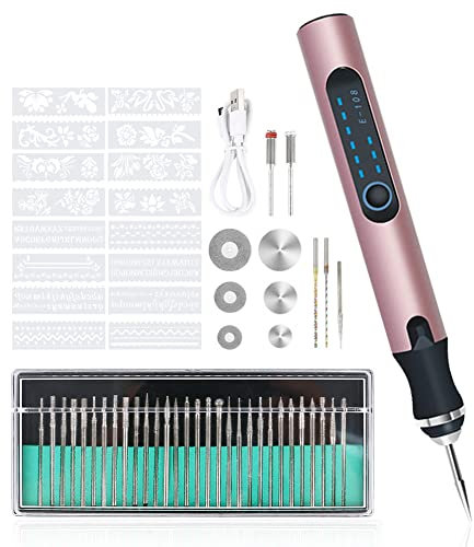 Elektrischer Gravierstift, Wiederaufladbarer Gravierwerkzeugsatz, Kabelloses Graviergerät mit Bohrern und Schablonen zum Schnitzen von Glas, Holz, Metall, Stein, Nägeln, Keramik (Red)