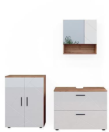 Vicco Badmöbel-Set Weiß Hochglanz/Goldkraft Eiche Irma, bestehend aus Bad Spiegelschrank, Waschbeckenunterschrank, Midischrank - Harmonische Farb- und Materialkombinationen