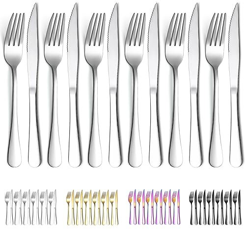 Evanda Steakbesteck 12 teilig, Edelstahl 6 Tafelgabeln und 6 Tafelmesser Set, Steakmesser Steakgabeln, spülmaschinenfest