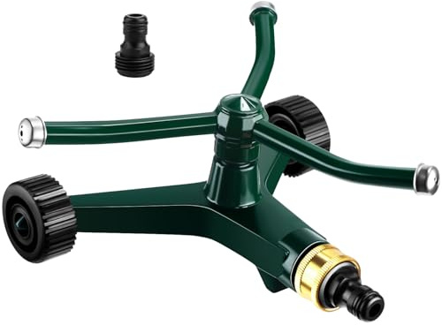 Tiangrid 1 Pc Metal Rotary Lawn Sprinkler 3 Arm Heavy Duty 360 Degree Automatic Revolving Whirling Water Sprinkler with Wheeled Base for Lawn Yard Garden Backyard, Cover up to 538 sq ft