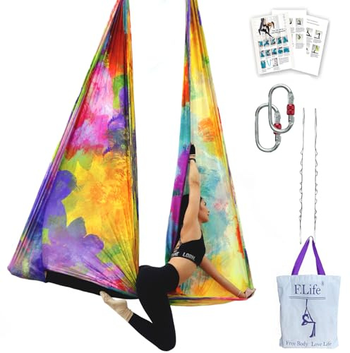 F.Life Aerial Yoga Hammock 5.5 yards Premium Aerial Silk Fabric Yoga Swing for Antigravity Yoga Inversion Include Daisy Chain,Carabiner and Pose Guide (Colorful life)